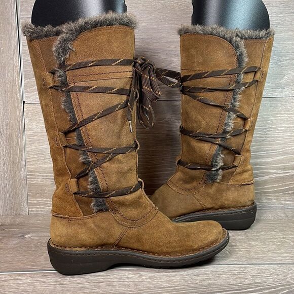 Clarks Avington Hayes Warm Tan Suede Women’s Sz 6.5M Tall Lace Up Faux Fur Boots - Picture 3 of 12